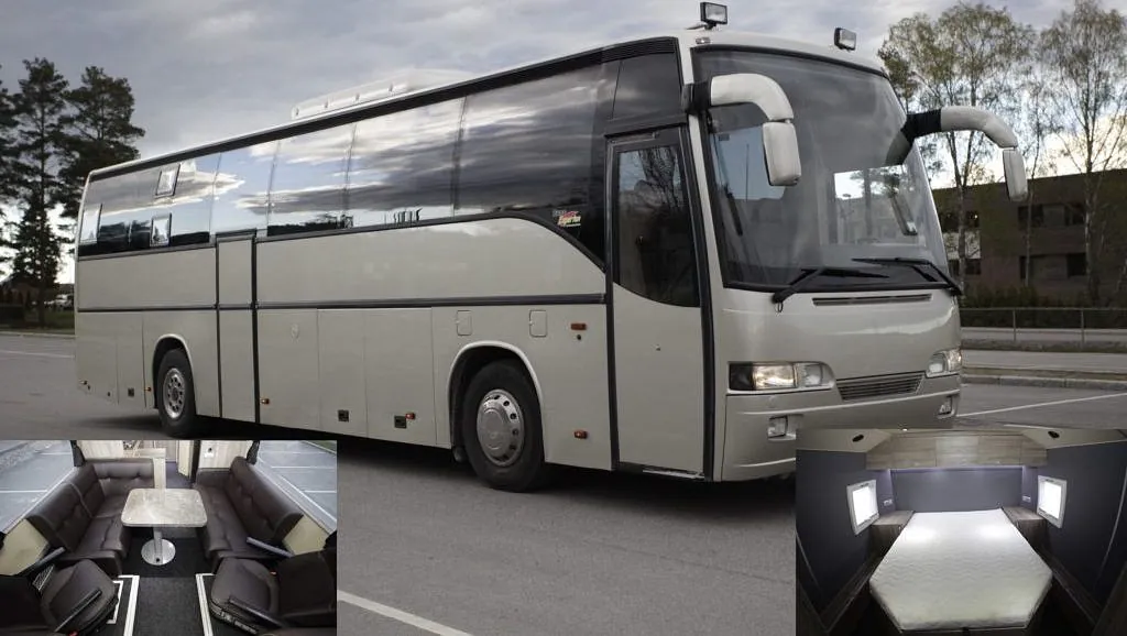 Collage av bussen utenfra og interiør