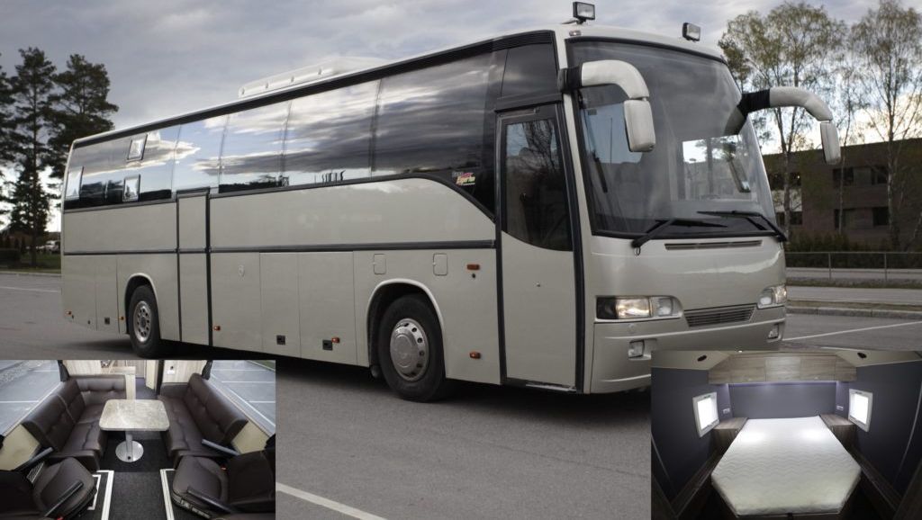 Collage av bussen utenfra og interiør