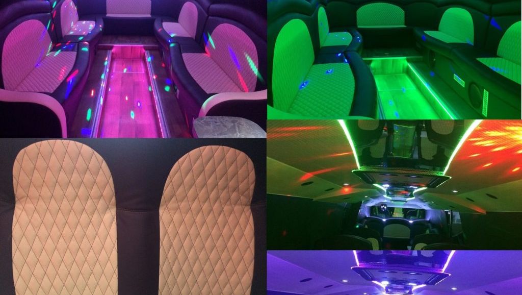 Collage av interiør opplyst i forskjellige farger