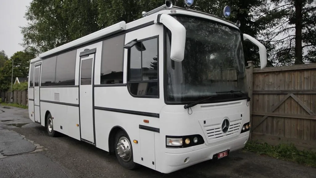 Hvit buss med svarte detaljer og vindu